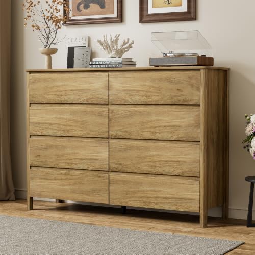 Furniway 55" Wide 8 Drawer Wood Dresser for Bedroom with Legs, Natural Oak by Furniway