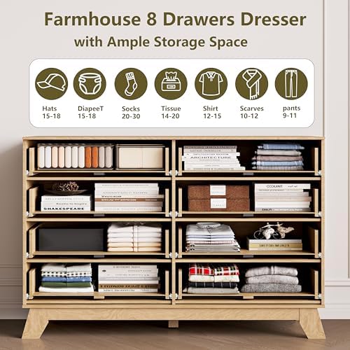 HUANLEGO 48" W Tall Fluted Dresser for Bedroom with 8 Drawer, Oak - Image 5