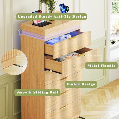 Tall 6 Drawer Dresser LED Lights & Charging Station Natural Oak - Image 7