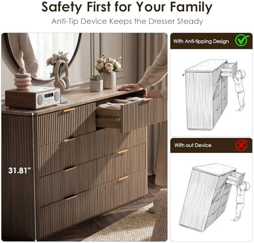 Fluted 8 Drawer Dresser for Bedroom, 54"W Wooden Dressers & Chest of Drawer - Image 6