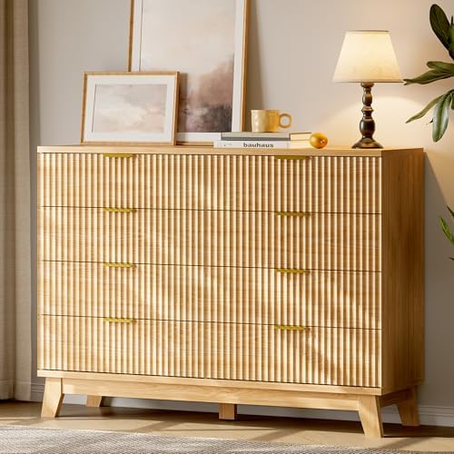 Xixini Fluted Dresser with 8 Drawers, 54" Wide Modern Chest of Drawers with Metal Handle, Wooden Dresser TV Stand, Wood Closet Clothes Storage Organizer for Bedroom, Living Room, Hallway, Natural Oak - Image 3