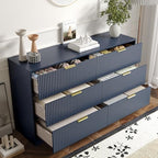 6 Drawer Fluted Dresser for the Bedroom, 55" Wide Wooden Dresser with Deep Drawers, Large Floor Chest of Drawers, Modern Long TV Stand, Storage Cabinet for Livingroom, Hallway, Blue - Image 3
