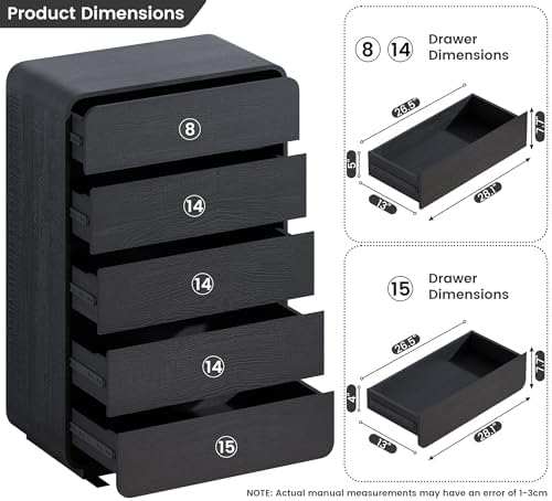 Standifurno 29.5’’ W Dresser for Closet, Black Drawers with Curved Design, Chest Drawer with 5 Drawers, Vertical Drawer with Large Storage, Wooden Dresser for Living Room, Nursery, Entryway - Image 3