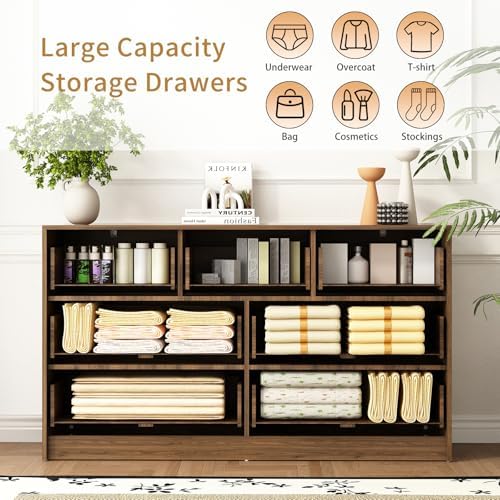 7 Drawer Fluted Dresser with Deep Drawers for Bedroom, Walnut丨55 Wide Mid Century Dresser, Modern Chest of Drawers, Wood TV Stand Storage Organizer for Closet, Living Room, Hallway - Image 4