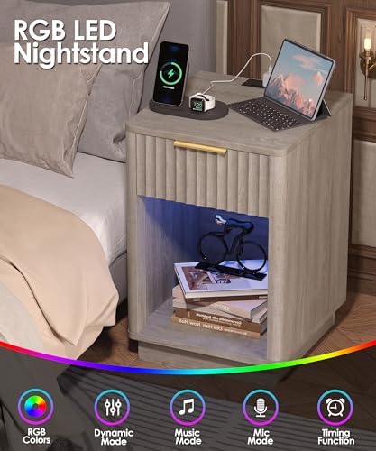 Akxomel Fluted Nightstand Set 2 Bedside Table with Charging Station Greige - Image 7