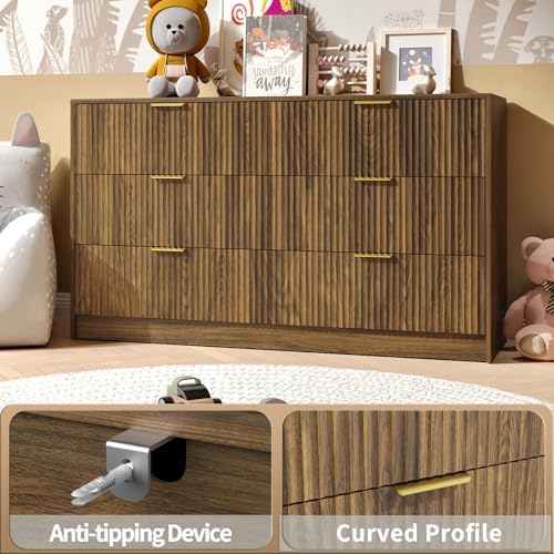 Walnut Dresser with 6 Drawer 55" Wide Fluted Dresser for Bedroom丨Modern Chest of Drawer with Metal Handles, Wood TV Stand for Bedroom, Living Room, Entryway, Hallway, Walnut - Image 5