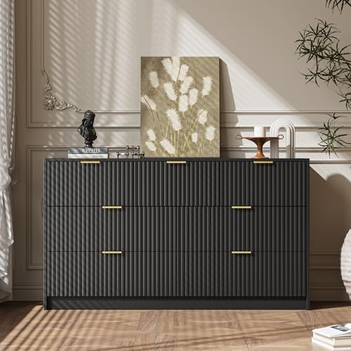 MAISONARIA Black 7 Drawer Dresser for Bedroom, 55.9" Wide Modern Fluted Dresser with Gold Metal Handles, Wide Chest of Drawers for Bedroom, Living Room, Entryway, Hallway - Image 5