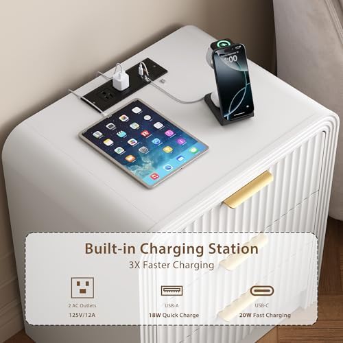 Decofy Fluted 3-Drawer Nightstand with Charging Station, Pure White - Image 3
