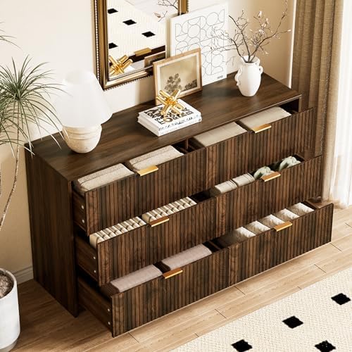 Furniway Walnut Dresser for Bedroom, Modern Dresser with 6 Drawers and Smooth Slides, Wide Chest of Drawers with Golden Handles for Bedroom, Living Room, Closet, 15.7" D x 55.1" W x 31.4" H - Image 4