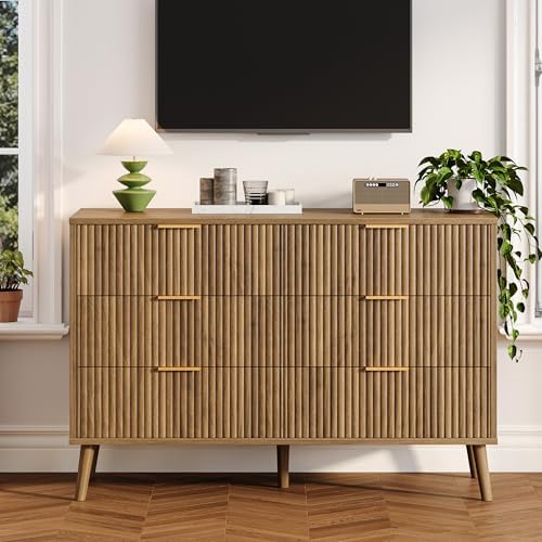 Fluted 6 Drawers Dresser for Bedroom, Wooden Wide Chest of Drawers with Metal Handle, Dresser TV Stand, Closet Storage Organizer for Entryway, Living Room, Hallway - Image 6