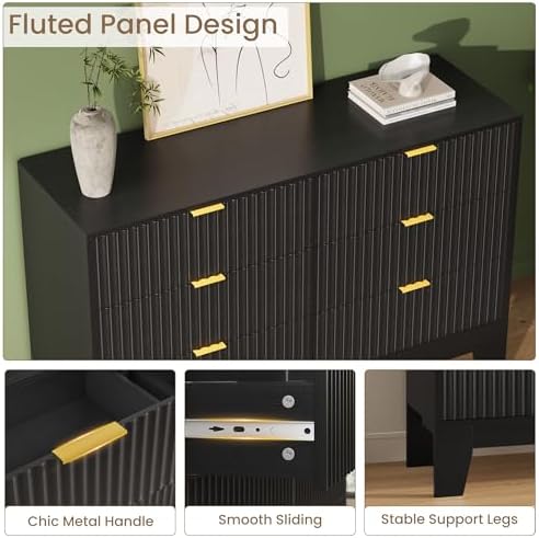 GarveeHome 47.2" Wide Fluted 6 Drawers Dresser, Black - Image 4