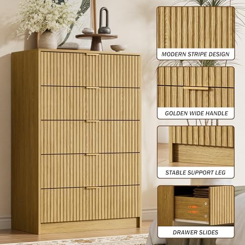 Furniway Mid Century Modern Dresser for Bedroom, 5 Drawer Tall Wood Dresser with Fluted Front, Chest of Drawers for Closet, Living Room, Hallway, Natural Oak - Image 3