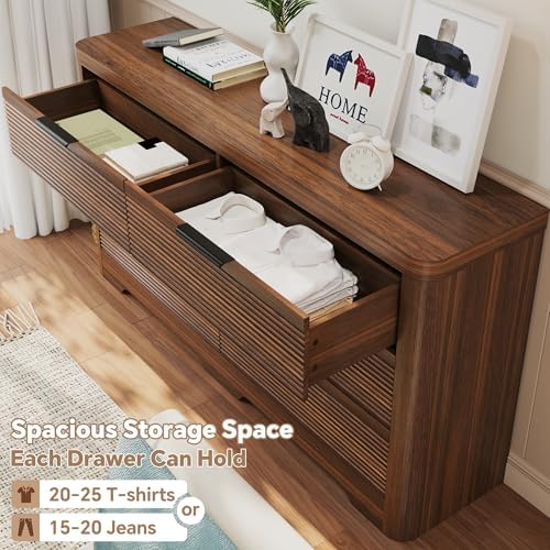 Fluted 6 Drawer Wood Dresser,Farmhouse Chest for Bedroom Entryway,Walnut - Image 5
