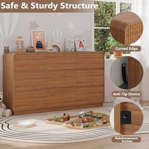 BORNOON Dresser for Bedroom with 9 Drawers, Fluted Chest of Drawers with Round Curved Corner, Hidden Handles, Modern Wood Storage Organizer for Bedroom, Nursery, Living Room - Image 4