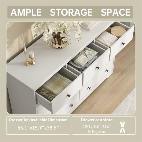 55 Inch Wide White Dresser for Bedroom, 9 Drawer Dresser with Large Drawers, Wood Chest for Living Room, Hallway - Image 3