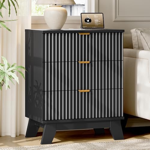 Xixini Fluted Nightstand with Charging Station, Tall Bedside Table, Black - Image 3