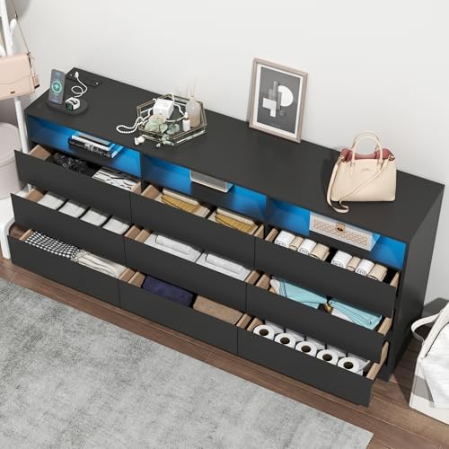 Gyfimoie 63" Black 9-Drawer Dresser for Bedroom w/Power Outlet, LED Light - Image 6
