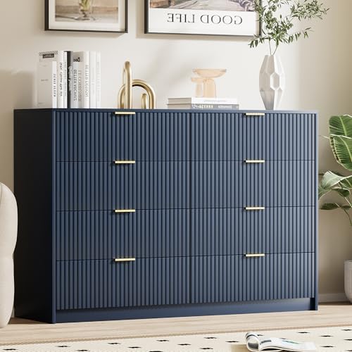 Furniway Navy Blue Dresser for Bedroom, Modern Dresser with 8 Drawers and Smooth Slides, Wide Chest of Drawers with Golden Handles for Bedroom, Closet, 15.7" D x 55" W x 37.4" H - Image 7