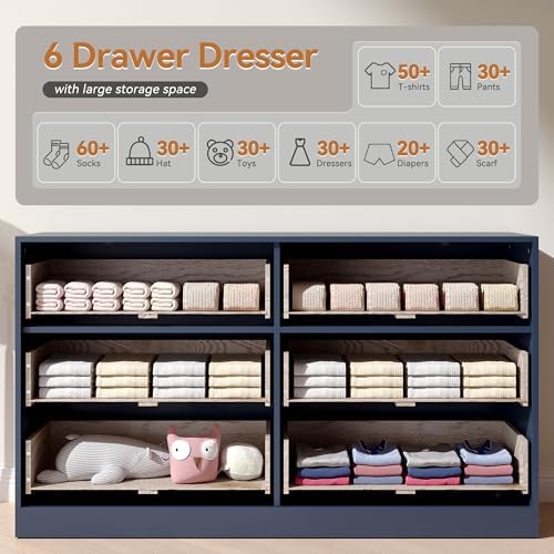 Blue Dresser with 6 Drawer 55" Wide Fluted Dresser for Bedroom丨Modern Chest of Drawer with Metal Handles, Wood TV Stand for Bedroom, Living Room, Entryway, Hallway, Blue - Image 4