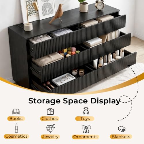 Karl home Black 6 Drawer Fluted Dresser, Modern Storage Chest of Drawers - Image 4