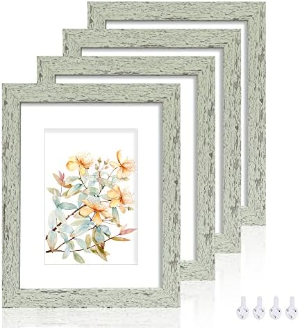 Hongkee 8x10 Picture Frame Set of 4, Made of Real Glass and Sage Green Wooden Frame, 8 by 10 Photo for Wall or Tabletop - Display Picture 5x7 with Mat or 8x10 Without Mat by Hongkee
