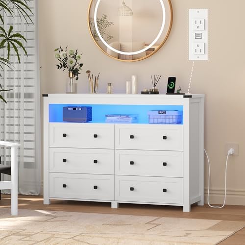 Wodeer White Dresser 6 Drawer Dressers for Bedroom with LED Lights, Charging Station, Wood Chest of Drawers with Metal Handles, Modern TV Stand Storage Cabinet for Living Room, Hallway, Entryway - Image 3