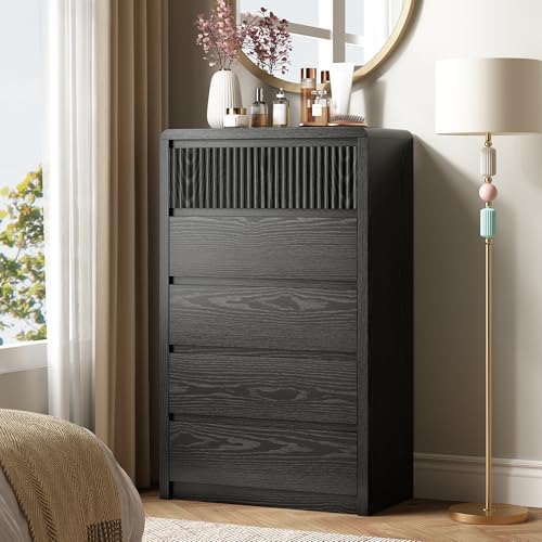LYNSOM Black Fluted 5 Drawer Dresser for Bedroom, Curved Edge, 48" Tall by LYNSOM