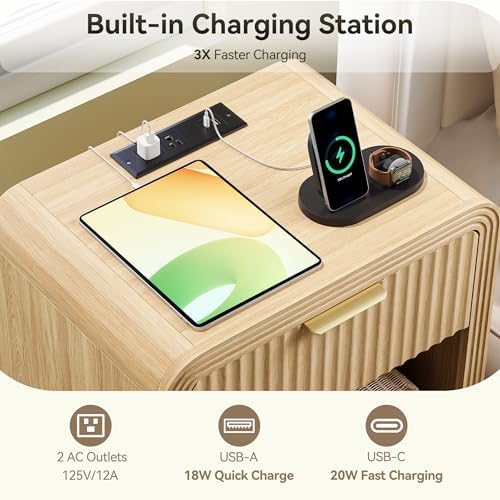 Decofy Fluted 1-Drawer Nightstand with Charging Station, Oak - Image 3
