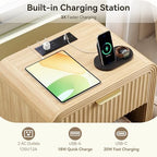 Decofy Fluted 1-Drawer Nightstand with Charging Station, Oak - Image 3