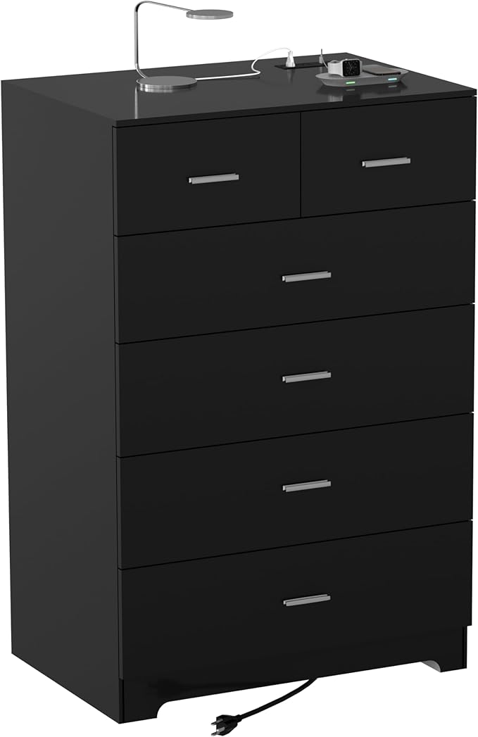 FJTJBSI Dresser with Power Outlets Wooden 6 Drawer Dresser with Large Organizer - Image 4