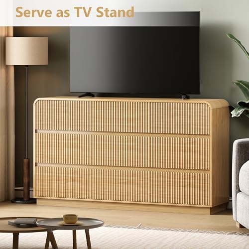 Wodeer Oak Dresser Fluted 9 Drawers Dresser for Bedroom, 59" Wide Wood Chest of Drawers with Hidden Handles & Rounded Corners, Modern TV Stand Storage Cabinet for Living Room, Hallway, Entryway - Image 3