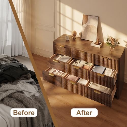 Fluted 9 Drawer Dresser for Bedroom, 59" Horizontal Wide Modern Low Profile Chest of Drawers with Metal Handle & Storage, Long Wooden Dresser TV Stand for Living Room & Closet, Walnut Brown Dresser - Image 6