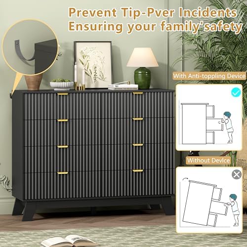 Wodeer 8 Drawer Fluted Dresser for Bedroom, Mid Century Modern Dresser with 8 Drawers, Dressers & Chests of Drawers with Metal Handle, TV Stand & Storage Organizer for Entryway, Hallway, Black - Image 6