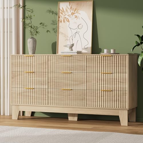 Garvee 9 Drawer Dresser for Bedroom, 59" Wide Fluted Chest of Drawers, Oak - Image 6