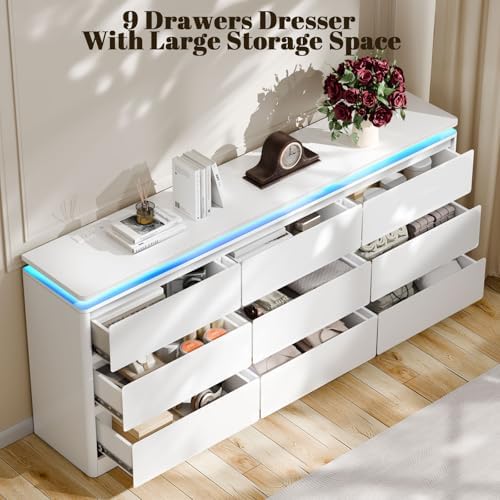 9 Drawer Dresser for Bedroom, 63" Long White Chest of Drawers w/LED Lights - Image 3