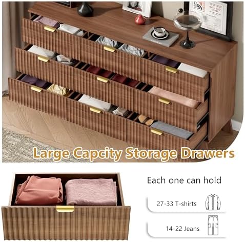 Wodeer 9 Drawer Fluted Dresser for Bedroom, Mid Century Modern Wooden Dresser with 9 Drawers, Dressers & Chests of Drawers with Metal Handle, TV Stand & Storage Organizer for Entryway, Hallway, Walnut - Image 4