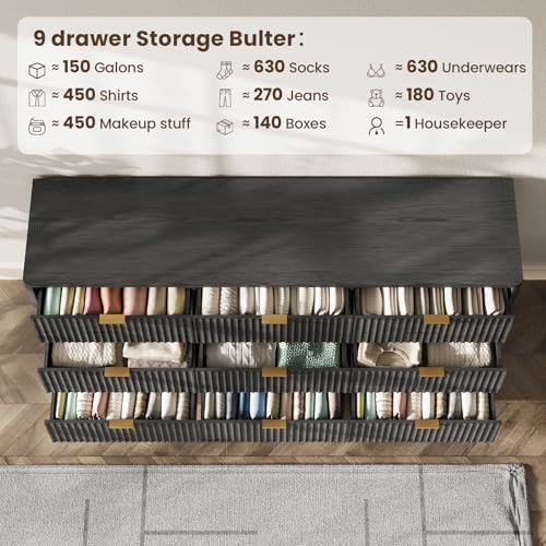63" Wide Fluted 9 Drawers Dresser for Bedroom,Curved Edge,Black - Image 5
