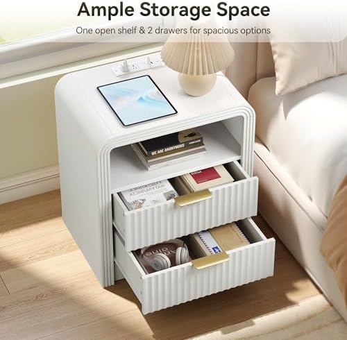 Decofy Fluted Nightstand Set of 2 with Charging Station, 2 Drawers, White - Image 5