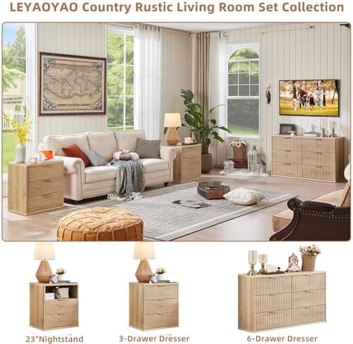 LEYAOYAO Fluted Nightstand with Charging Station, 23" Modern Night Stand with Woodgrain Top, 3 Drawers End Table w/Storage, Bedside Tables for Bedroom, Living Room, Curved Profile Design,Wood - Image 3