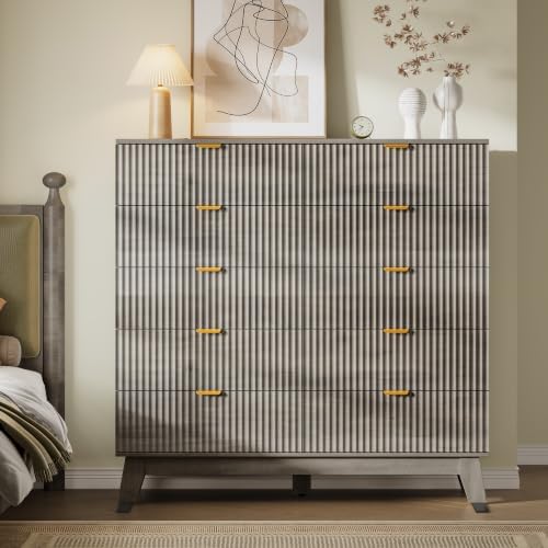BORNOON 46" Tall Dresser for Bedroom, 10-Drawer Fluted Chest of Drawers, Modern Wood Highboy with Metal Slides and Handles, Anti-Tip Kit, Vertical Clothes Storage Organizer for Apartment, Closet - Image 3
