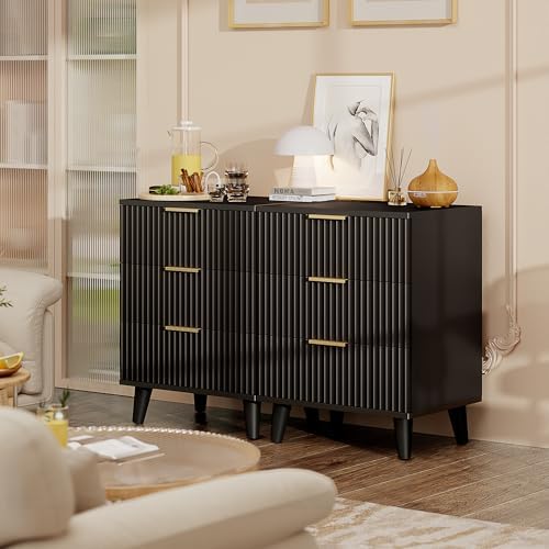 3 Drawers Nightstands Set of 2 w/Charging Station, Modern Fluted Dresser - Image 2