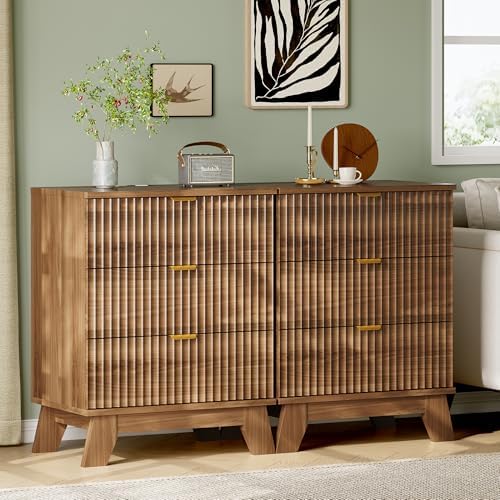 Xixini Fluted Nightstand with Charging Station, Tall Bedside Table, Walnut - Image 7