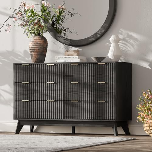 47" Wide Fluted 6 Drawers Dresser for Bedroom,Curved Edge,Black by TROJMHome