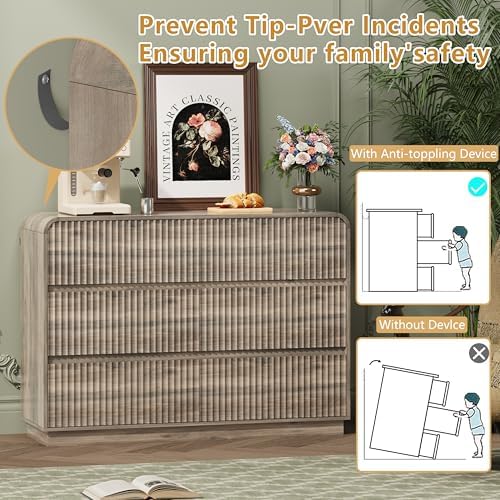 Wodeer Grey Dresser Fluted 6 Drawers Dresser for Bedroom, 47" Wide Wood Chest of Drawers with Hidden Handles & Rounded Corners, Modern TV Stand Storage Cabinet for Living Room, Hallway, Entryway - Image 6