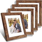 Hongkee 8x8 Picture Frames Set of 4, Made of Glass and Rustic Brown Wooden Frame - Display Picture 6x6 with Mat or 8 x 8 Without Mat, 8 by 8 Photo for Wall or Tabletop by Hongkee