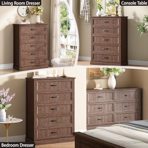 CARPETNAL Farmhouse 5 Drawer Dresser for Bedroom, 44" Tall Brown Dresser. - Image 5