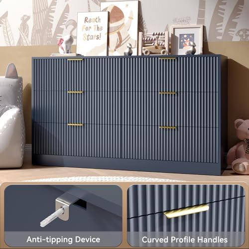 Blue Dresser with 6 Drawer 55" Wide Fluted Dresser for Bedroom丨Modern Chest of Drawer with Metal Handles, Wood TV Stand for Bedroom, Living Room, Entryway, Hallway, Blue - Image 5