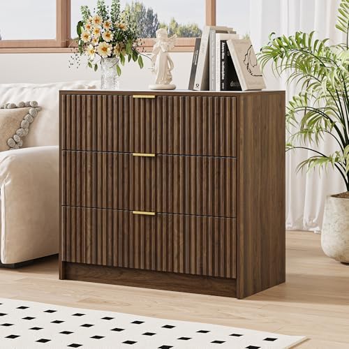 MAISONARIA Fluted Dresser for Bedroom, 32 Inch Wide Nightstand with Large Drawer, 3 Drawer End Table for Bedroom, Living Rooms, Offices, and Entryways, Walnut by MAISONARIA