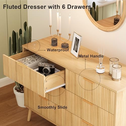Fluted 6 Drawers Dresser for Bedroom, Wooden Wide Chest of Drawers with Metal Handle, Dresser TV Stand, Closet Storage Organizer for Entryway, Living Room, Hallway (Natural) - Image 5