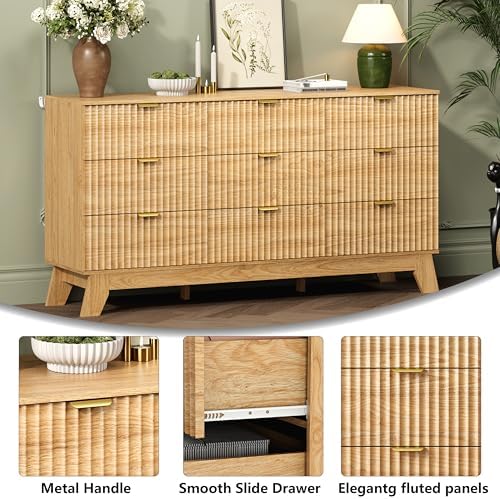 Wodeer 9 Drawer Fluted Dresser for Bedroom, Mid Century Modern Wooden Dresser with 9 Drawers, Dressers & Chests of Drawers with Metal Handle, TV Stand & Storage Organizer for Entryway, Hallway, Oak - Image 5